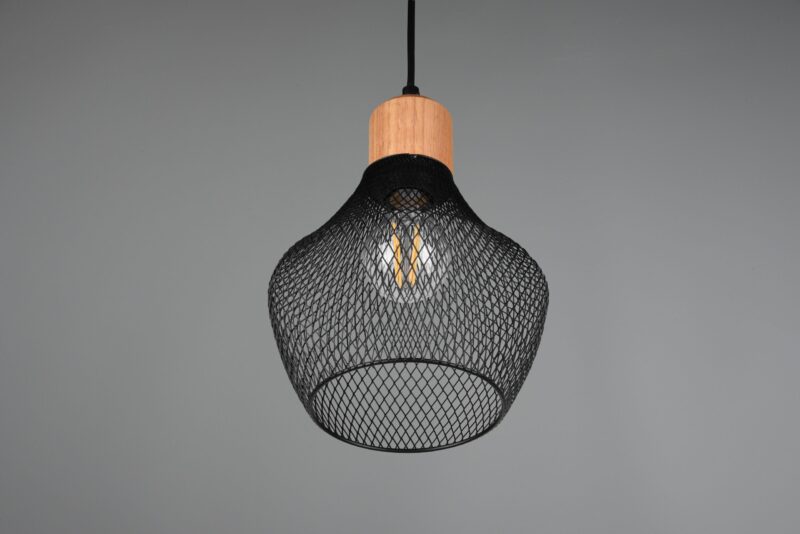 Hanglamp zwart metaal draadvlechtwerk houtdetail Valeria - Afbeelding 5
