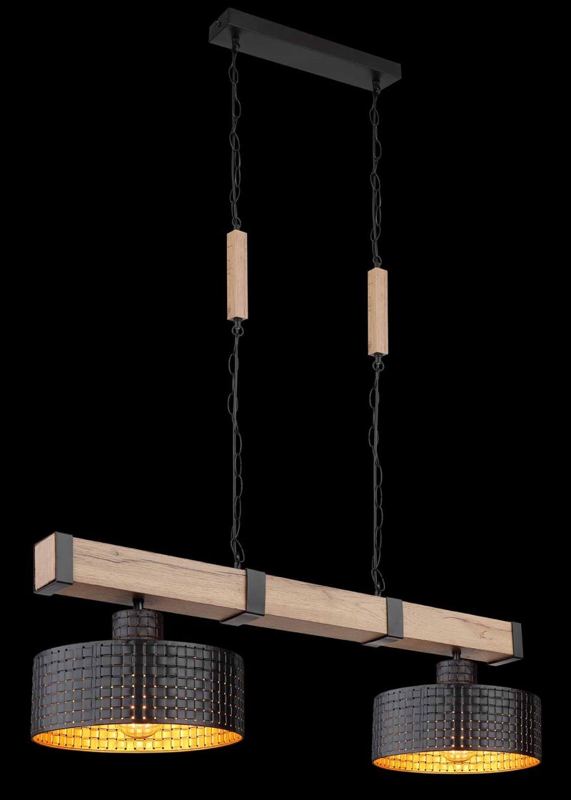 Hanglamp zwart metaal hout landelijk Globo Rielly - Afbeelding 4