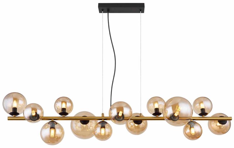 Hanglamp zwart/messing horizontaal 13-amberglasbol Globo Riha - Afbeelding 2