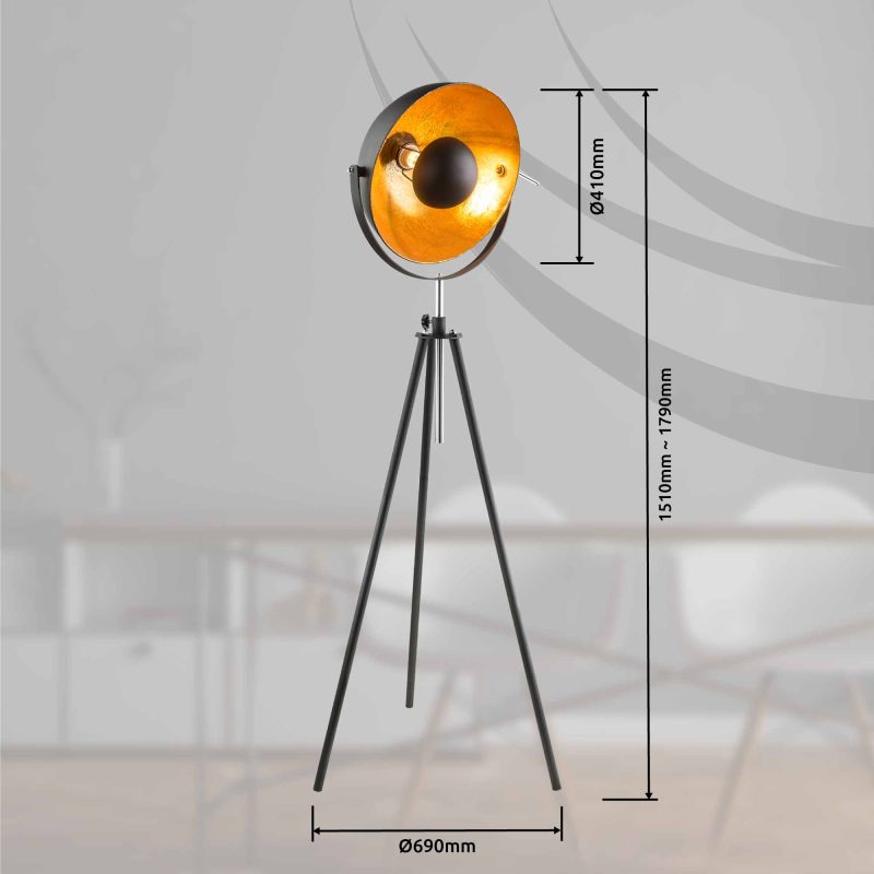 Industriële driepoot vloerlamp koepelkap zwart/goud Globo Lenn - Afbeelding 3