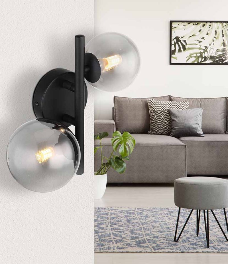 Ronde wandlamp zwart 2-rookglasbol Globo Riha - Afbeelding 3