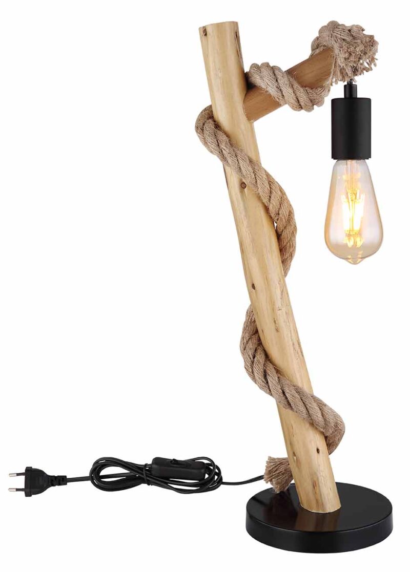 Schuine tafellamp naturel/zwart hout/hennepkoord Globo Ulleu - Afbeelding 3