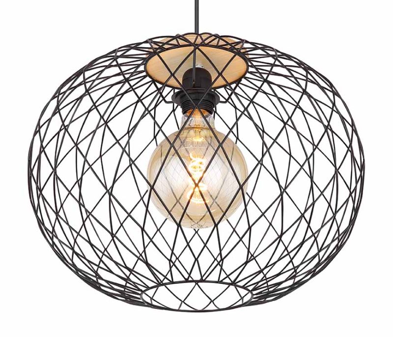 Zwart/bruine hanglamp rasterkap metaal/hout Globo Lacky - Afbeelding 2