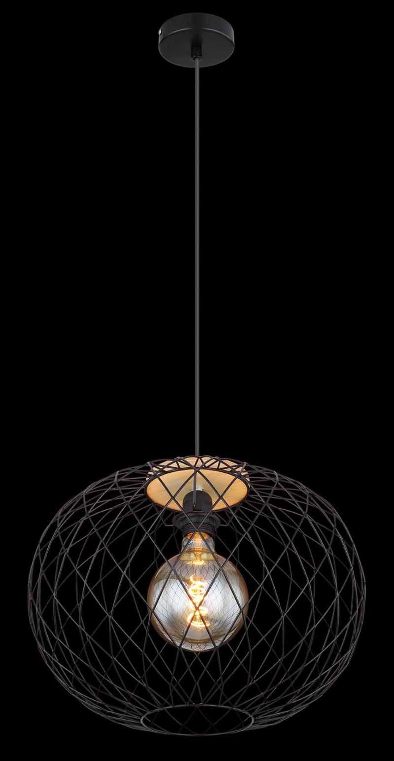 Zwart/bruine hanglamp rasterkap metaal/hout Globo Lacky - Afbeelding 3