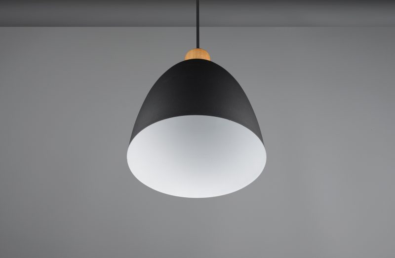 Zwarte metalen komvormige hanglamp houtaccent Jagger - Afbeelding 2