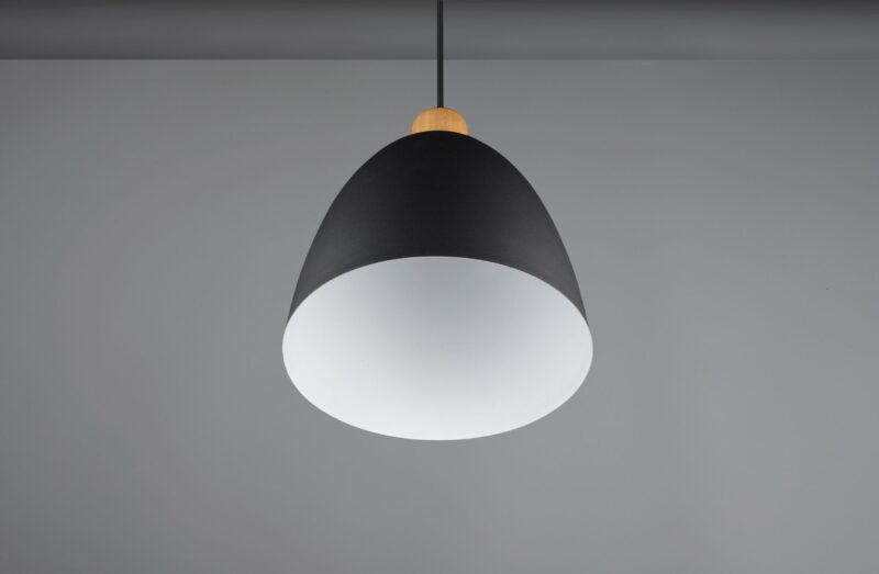 Zwarte metalen komvormige hanglamp houtaccent Jagger - Afbeelding 2