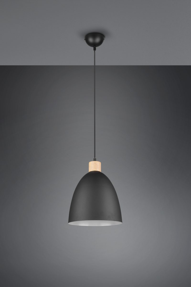 Zwarte metalen komvormige hanglamp houtaccent Jagger - Afbeelding 3