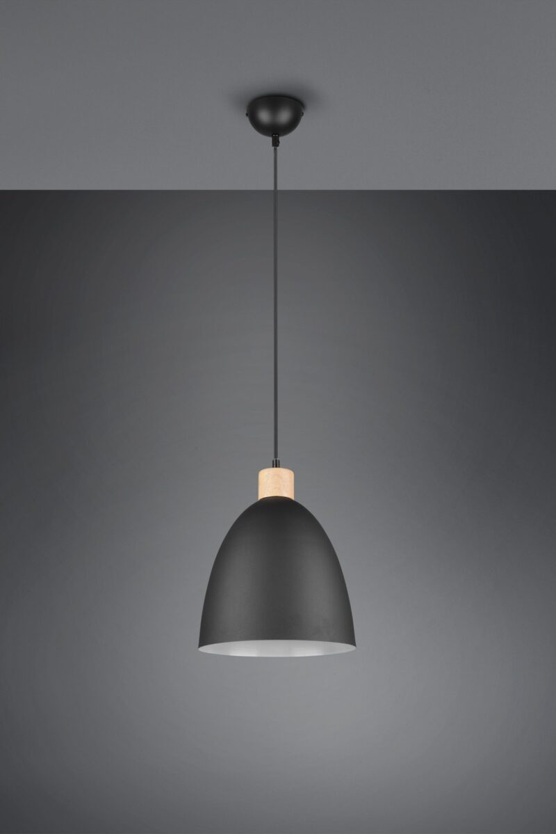 Zwarte metalen komvormige hanglamp houtaccent Jagger - Afbeelding 3