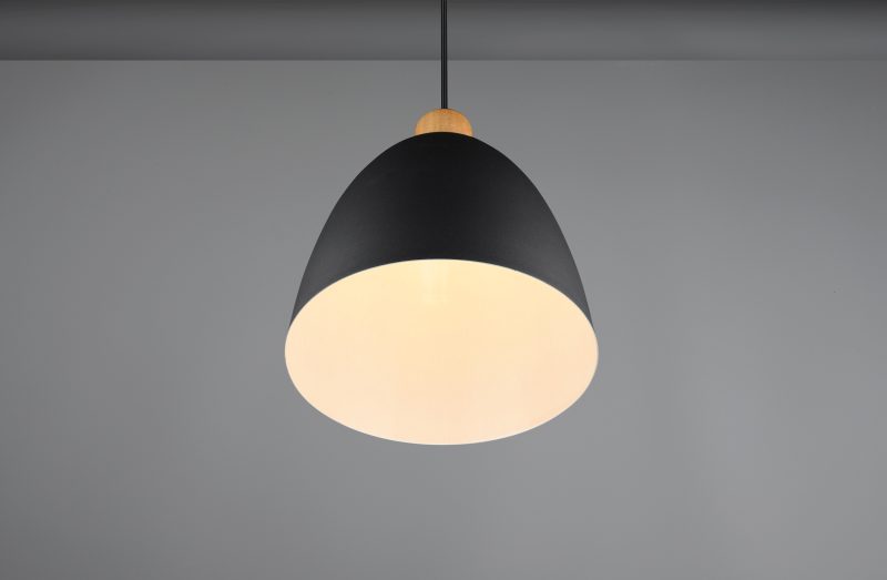 Zwarte metalen komvormige hanglamp houtaccent Jagger - Afbeelding 4