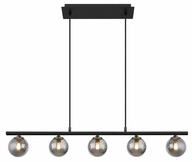 Zwart/messing 5-rookglasbol hanglamp horizontaal Globo Jorge - Afbeelding 2
