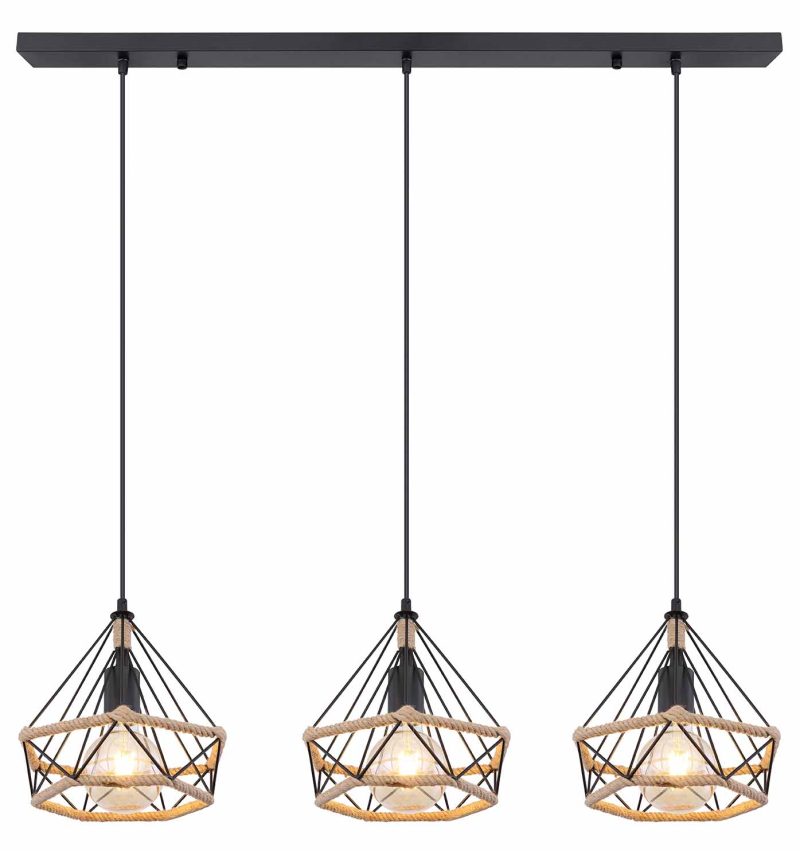 Zwart/naturel 3-diamantkap hanglamp hennepweefsel Globo Ulleu - Afbeelding 2