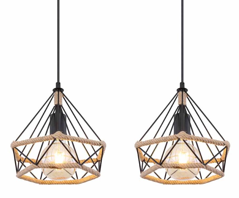Zwart/naturel 3-diamantkap hanglamp hennepweefsel Globo Ulleu - Afbeelding 3