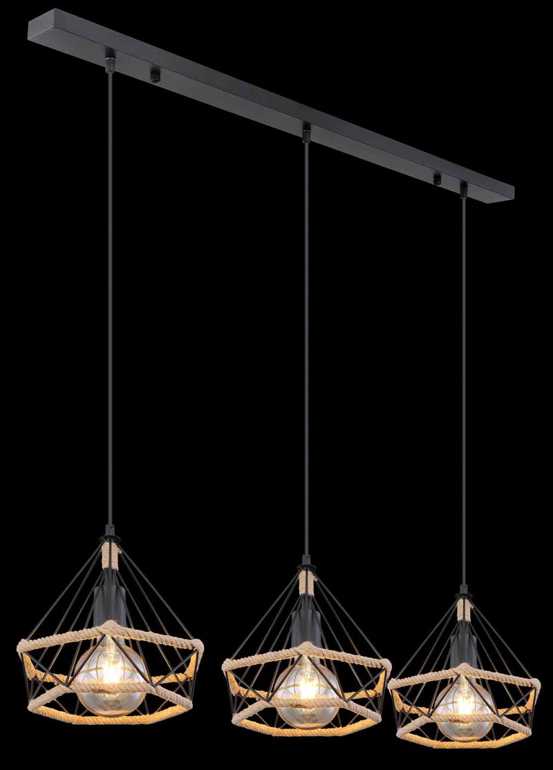 Zwart/naturel 3-diamantkap hanglamp hennepweefsel Globo Ulleu - Afbeelding 4