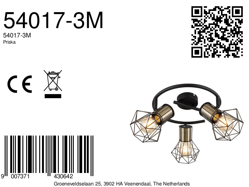globo-spot-priska-zwart-metaal-ø29cm-e27-54017-3m-8a